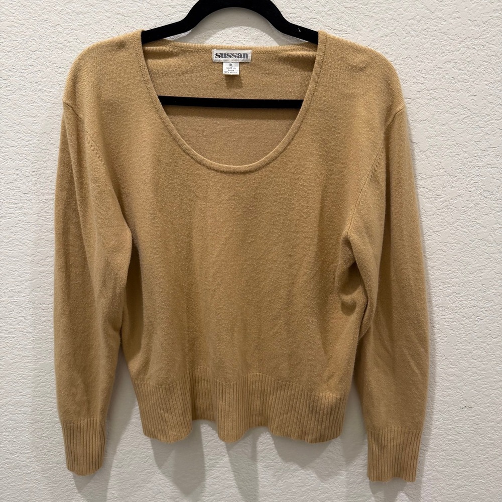 Vintage Sussan Womens XL Camel Brown Scoop Neck Acrylic Knit Pullover Sweater